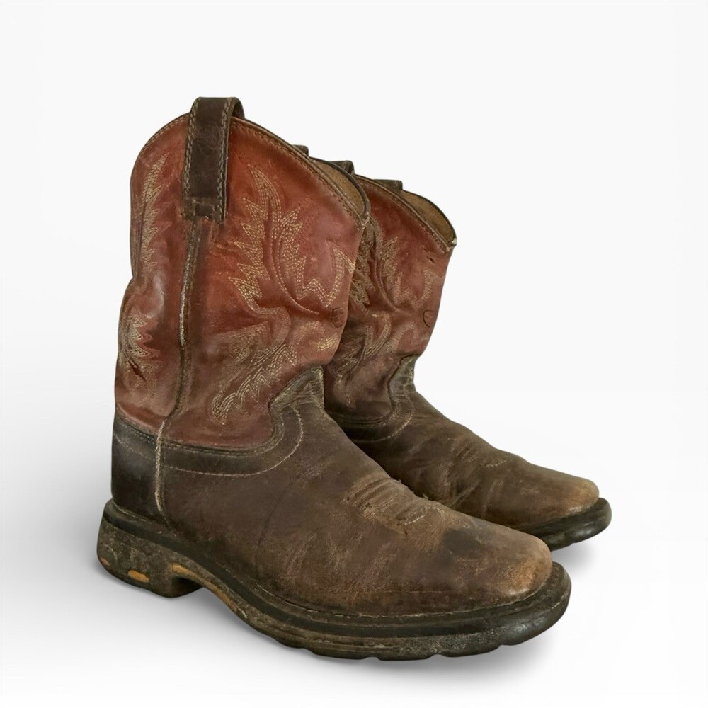 Ariat Western Cowboy Work Boots Kids Brown Square Toe Pull-On Cowgirl Size 13